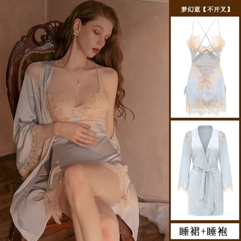 Luxury Silk Lace Bathrobe Robe Women Sleepwear Set Sexy Bride Bridesmaid Gift Kimono Gown Nightwear Lingerie Pajama Dress