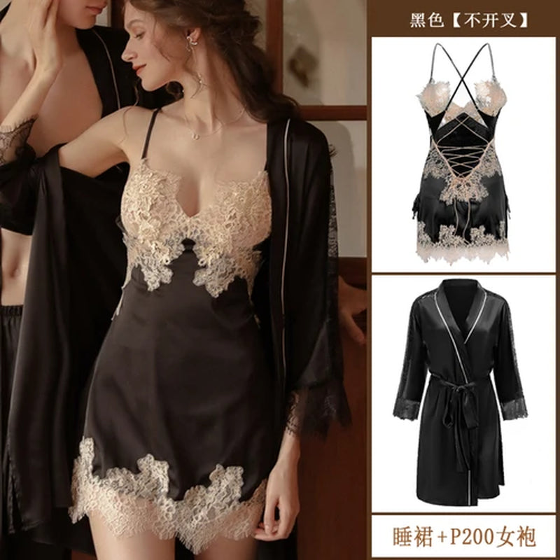 Luxury Silk Lace Bathrobe Robe Women Sleepwear Set Sexy Bride Bridesmaid Gift Kimono Gown Nightwear Lingerie Pajama Dress