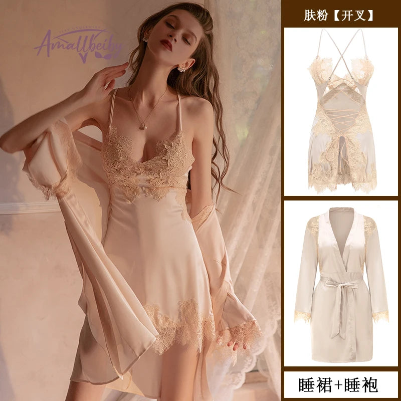 Luxury Silk Lace Bathrobe Robe Women Sleepwear Set Sexy Bride Bridesmaid Gift Kimono Gown Nightwear Lingerie Pajama Dress