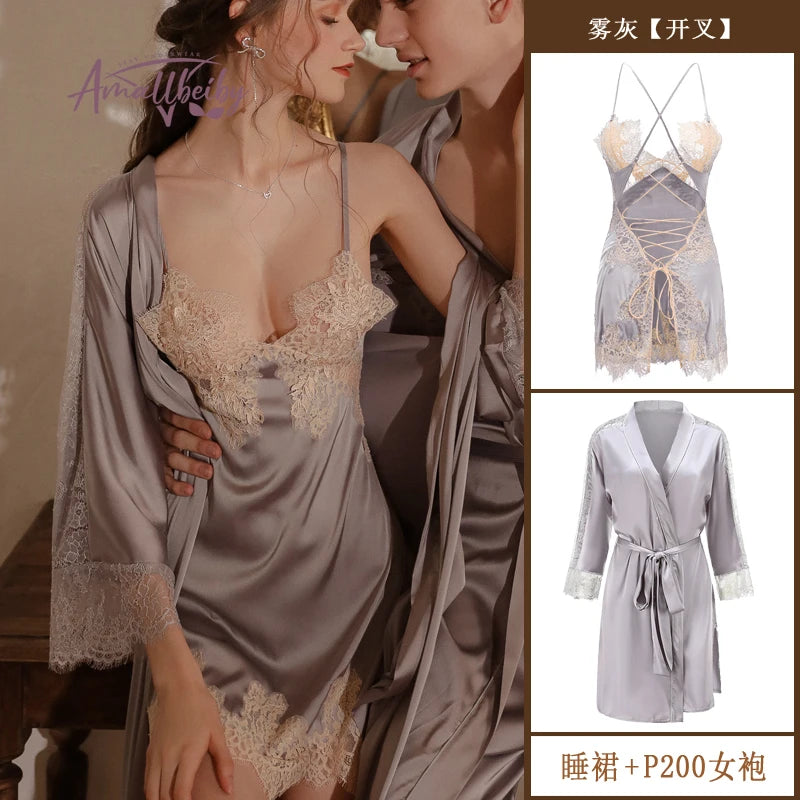 Luxury Silk Lace Bathrobe Robe Women Sleepwear Set Sexy Bride Bridesmaid Gift Kimono Gown Nightwear Lingerie Pajama Dress