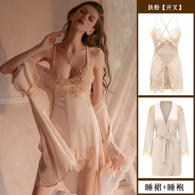 Luxury Silk Lace Bathrobe Robe Women Sleepwear Set Sexy Bride Bridesmaid Gift Kimono Gown Nightwear Lingerie Pajama Dress