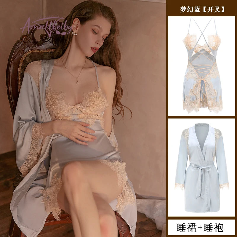 Luxury Silk Lace Bathrobe Robe Women Sleepwear Set Sexy Bride Bridesmaid Gift Kimono Gown Nightwear Lingerie Pajama Dress