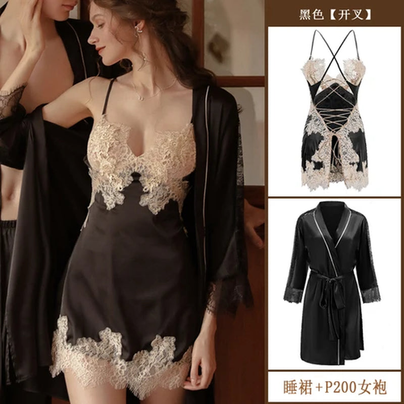 Luxury Silk Lace Bathrobe Robe Women Sleepwear Set Sexy Bride Bridesmaid Gift Kimono Gown Nightwear Lingerie Pajama Dress